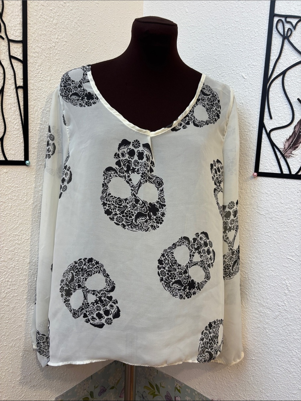 Last Kiss white and black skull floral sheer long sleeve blouse. Size L.